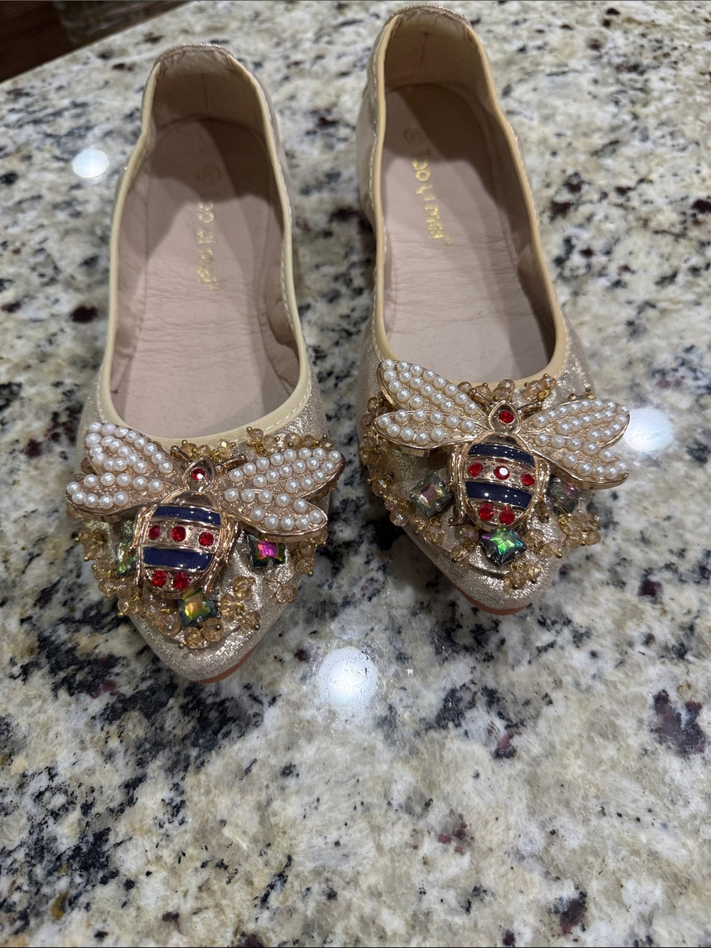 Embellished Gold Pointed Toe Flats with Bee Jewel Accent